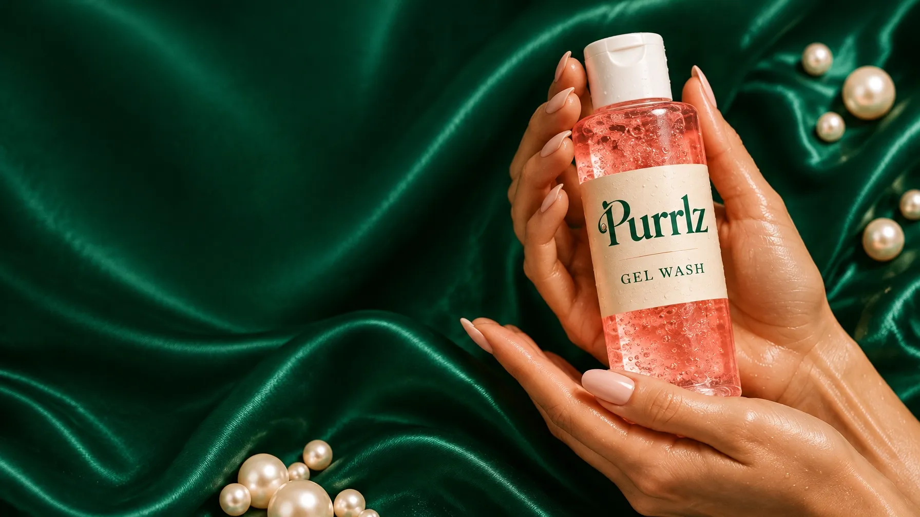 Hands holding a Purrlz Gel Wash bottle against emerald silk and pearls